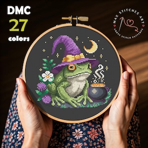 Witch Toad Cross Stitch Pattern PDF, Halloween Embroidery Design, Cute Frog Cross Stitch, Magic Theme, Witchy Frog, Cottagecore decor