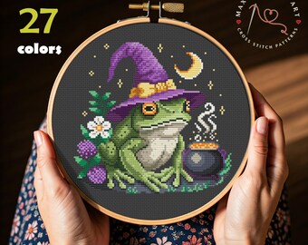 Witchy Frog Cross Stitch Pattern: Halloween Embroidery (PDF Pattern)
