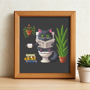 バスルームの猫のクロスステッチ パターン PDF、面白い黒猫の刺繍、トイレの猫、植物のクロスステッチ、猫好きへのギフト、バスルームの壁アート