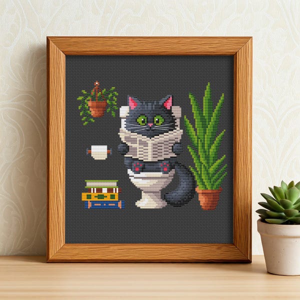 Padrão de ponto cruz para gato de banheiro em PDF, bordado engraçado de gato preto, gato no vaso sanitário, plantas em ponto cruz, presente para amantes de gatos, arte de parede para banheiro