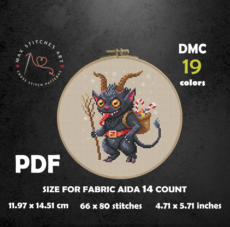 May include: Cross stitch pattern featuring a black and red cartoon devil holding a candy cane and a sack of candy. The pattern is for aida cloth with a 14 count and requires 19 colors of DMC floss. The pattern measures 66 x 80 stitches, or 4.71 x 5.71 inches.
