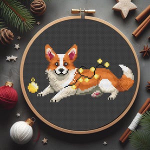 Christmas corgi cross stitch pattern PDF, Cute dog embroidery, Christmas ligts, Brown Dog, Cute dog, Tiny corgi, Xmas dog decor