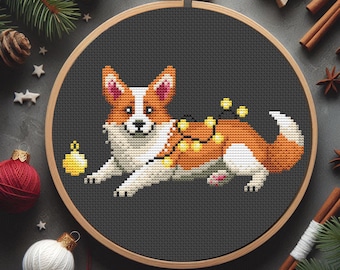 Modèle de point de croix de corgi de Noël, chien avec des lumières (modèle PDF)