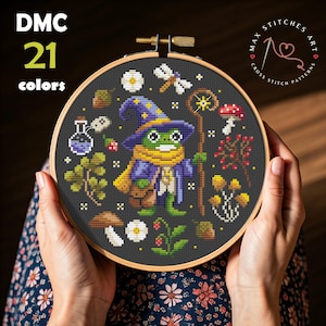 Whimsical Frog Wizard Cross Stitch Pattern, Fantasy Animal Embroidery, Goblin Core Cross Stitch, Magic Toad Easy Pattern, Cottagecore decor