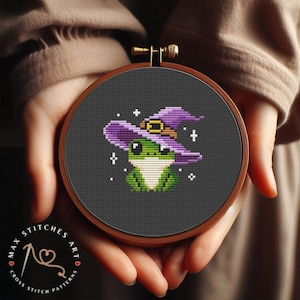 Tiny wizard frog cross stitch pattern, Witch frog embroidery, Frog Witch Pattern, Fairy Cross Stitch, Toad Cross Stitch, Frog lover gift