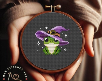 Tiny wizard frog cross stitch pattern, Witch frog embroidery, Frog Witch Pattern, Fairy Cross Stitch, Toad Cross Stitch, Frog lover gift