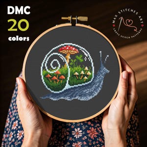 Escargot Terrarium point de croix motif PDF, motif de broderie lunatique escargot de jardin, bricolage forêt escargot numérique broderie graphique