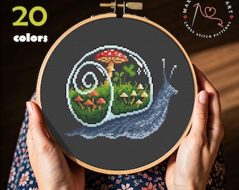 Snail Terrarium Cross Stitch Pattern PDF, Whimsical Garden Snail Embroidery Design, DIY Forest Snail Digital Needlework Chart