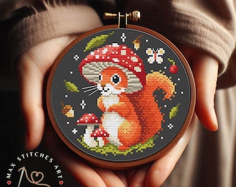 Squirrel Mushroom Cross Stitch Pattern, Goblincore Cottagecore (Digital Download)