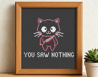 Grappige kat kruissteekpatroon, je zag niets, horror kitty, eenvoudig borduurontwerp, schattige ninjakat, grappige kat, pdf-bestand direct downloaden