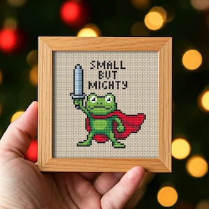 Small but Mighty Frog Cross Stitch Pattern PDF. Cute Warrior Embroidery. Motivational Quote Chart for Beginner. Instant Download