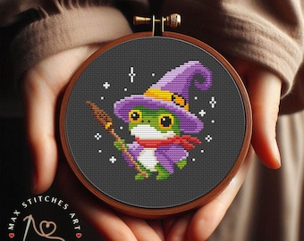 Witch Frog Cross Stitch Pattern: Wizard Toad Embroidery (PDF Pattern)
