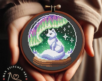 Arctic Fox Cross Stitch Pattern PDF, Northern Lights DIY Embroidery Design, Winter Snow Globe Animal Stitch Chart, Small Modern Xstitch