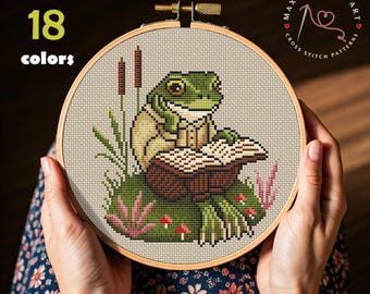Reading Frog Cross Stitch Pattern: Cottagecore Animal Embroidery (PDF Download