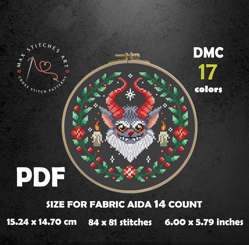 May include: Cross stitch pattern featuring a cute monster with red horns and a festive wreath. The pattern is for Aida 14 count fabric and uses 17 DMC colors. The finished size is 6.00 x 5.79 inches or 15.24 x 14.70 cm.