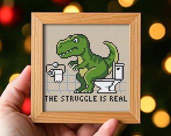 Grappig T-Rex-kruissteekpatroon pdf. Sarcastisch badkamerdecor 'The Struggle is Real'. Dinosaurusmeme-diagram. Direct downloaden