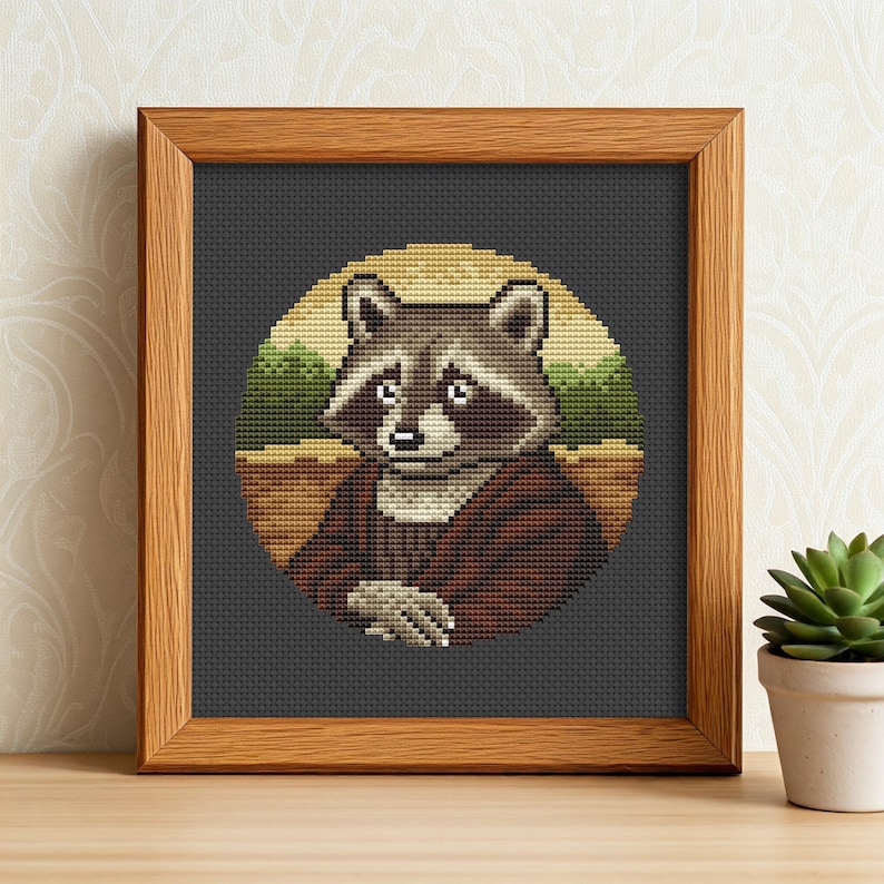 Padrão de ponto cruz da Mona Lisa com guaxinim: bordado de animais engraçados (download em PDF) imagem 3