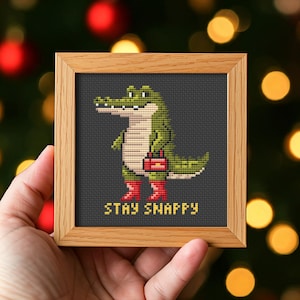 May include: A framed cross-stitch artwork showing a green alligator in red boots, holding a red purse. The text "STAY SNAPPY" is stitched in yellow. The background is dark grey. The frame is made of light brown wood.