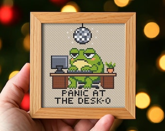 Panic at the Desk-o Frog Cross Stitch Pattern PDF. Funny Sarcastic Office Humor. Anxiety Meme Embroidery. Instant Download
