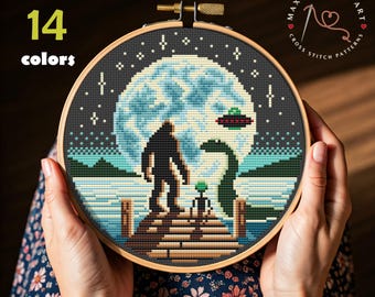 Padrão de Ponto Cruz do Pé Grande, Alienígena e Monstro do Lago Ness, Design Divertido de Criptídeo e OVNI, Ponto Cruz da Nessie, Eu quero acreditar, Download Instantâneo