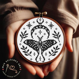 Blackwork Moth Cross Stitch Pattern: Moon Phase Embroidery (PDF)