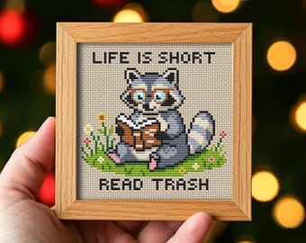 Funny Raccoon Cross Stitch Pattern PDF. "Life is Short Read Trash" Sarcastic Quote. Subversive Embroidery. Instant Download