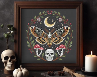 Witchy Moth Cross Stitch Pattern: Skull, Moon, Mushrooms (PDF Pattern)