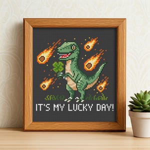 Dino Lucky Day-kruissteekpatroon, grappige dinosaurus St. Patrick's Day pdf-grafiek, T Rex Clover-borduurwerk, geeky Home Decor, Instant Download