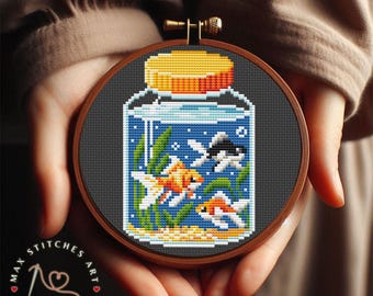 Goldfish Jar Cross Stitch Pattern PDF, Cute Aquarium Embroidery Design, Modern Simple Fish Counted Cross Stitch Chart for Beginners