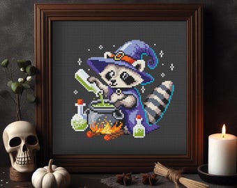 Patrón de punto de cruz de bruja mapache: bordado de Halloween (patrón PDF)