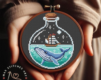 Whale in Bottle Cross Stitch Pattern, Modern Maritime Design, Unique Nautical DIY Home Decor, Sea Ship Cross Stitch, Small Easy Pattern