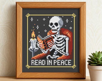 Funny Skeleton Cross Stitch Pattern PDF, Read in Peace Halloween Design with Candle, Book, Chair, Easy Modern Gothic Embroidery Decor