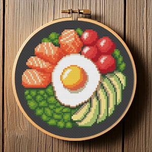 Gebakken ei met groenten kruissteekpatroon, ontbijtborduurwerk, keukenkruissteek, eierliefhebber cadeau, traktatie, keuken wanddecoratie