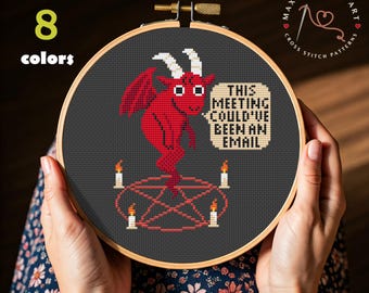 Funny Demon Cross Stitch Pattern PDF, Red Devil Pattern with Candles and Pentagram, Sarcastic Office Decor Idea