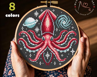 Patrón de punto de cruz de calamar cósmico en PDF, diseño de bordado de pulpo espacial, bordado de animales galácticos para bordar, decoración de habitación infantil, bordado cósmico