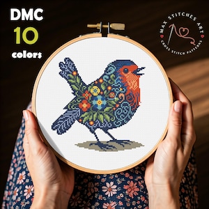 鳥のクロスステッチ パターン PDF、花のモチーフの刺繍デザイン付きロビン、花の鳥、クロスステッチ、室内装飾、即時ダウンロード