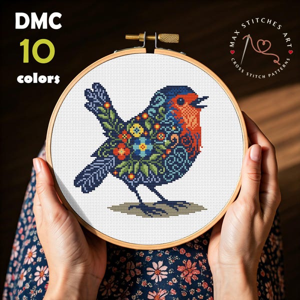 Bird Cross Stitch Pattern PDF, Robin with Floral Motif Embroidery Design, Floral Bird, Counted Cross Stitch, Home Decor, Instant Download