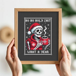 May include: Framed cross-stitch artwork. A skeleton in a Santa hat and red jacket is depicted holding a red mug. The text reads "HO HO HOLY SHIT WHAT A YEAR". The background is dark grey with white snowflake details.