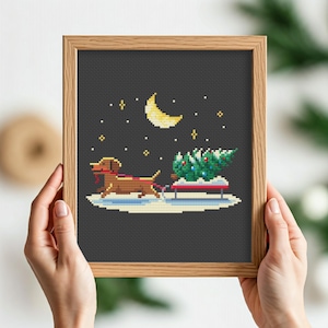 Christmas dachshund cross stitch pattern PDF, Cute dog embroidery, Christmas tree, Brown Dog, Cute dog, Tiny Dachshund, Xmas dog decor