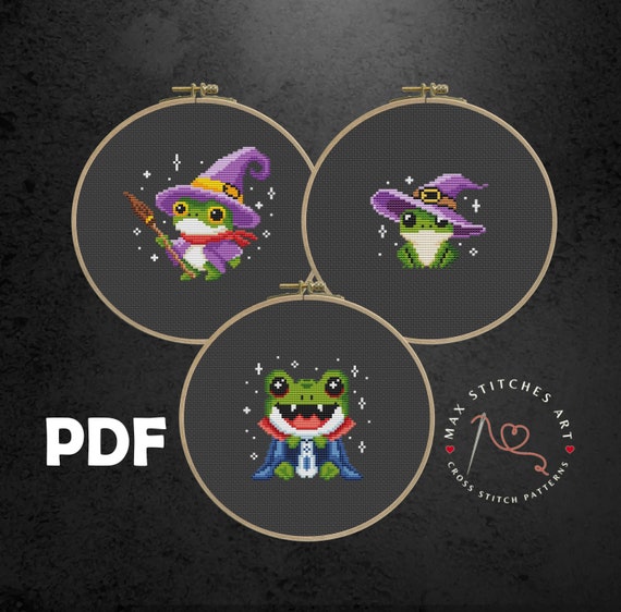 Halloween Frogs Cross Stitch Pattern: Witch, Wizard, Vampire (PDF Pattern)