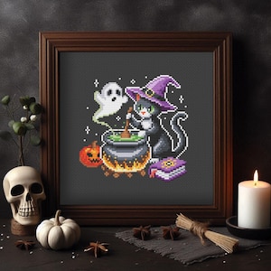 ハロウィン猫のクロスステッチパターン、黒猫の魔女、幽霊、大釜、かわいいハロウィン刺繍、不気味な装飾、即時 PDF ダウンロード