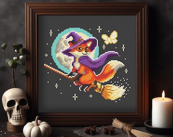 Rävhäxa Korsstygnsmönster, Halloween, Fantasidjur, Flygande Kvast, PDF Digital Nedladdning, Broderidesign, Magisk Räv