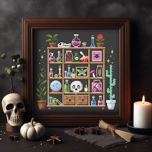 Witch shelf cross stitch pattern, Witchcraft supply embroidery, Witches Pantry, Cabinet of curiosities, Witch Library, Witch lover gift