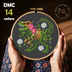 Dinosaur skeleton Cross Stitch Pattern, Floral T-Rex Embroidery Design, Modern Cross Stitch Chart, T-Rex Skeleton with Leaves and Flowers
