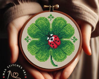 Lucky Clover Cross Stitch Pattern, Ladybug Embroidery Design, St Patrick Day Chart, Beginner Easy, PDF Instant Download, Cottagecore decor