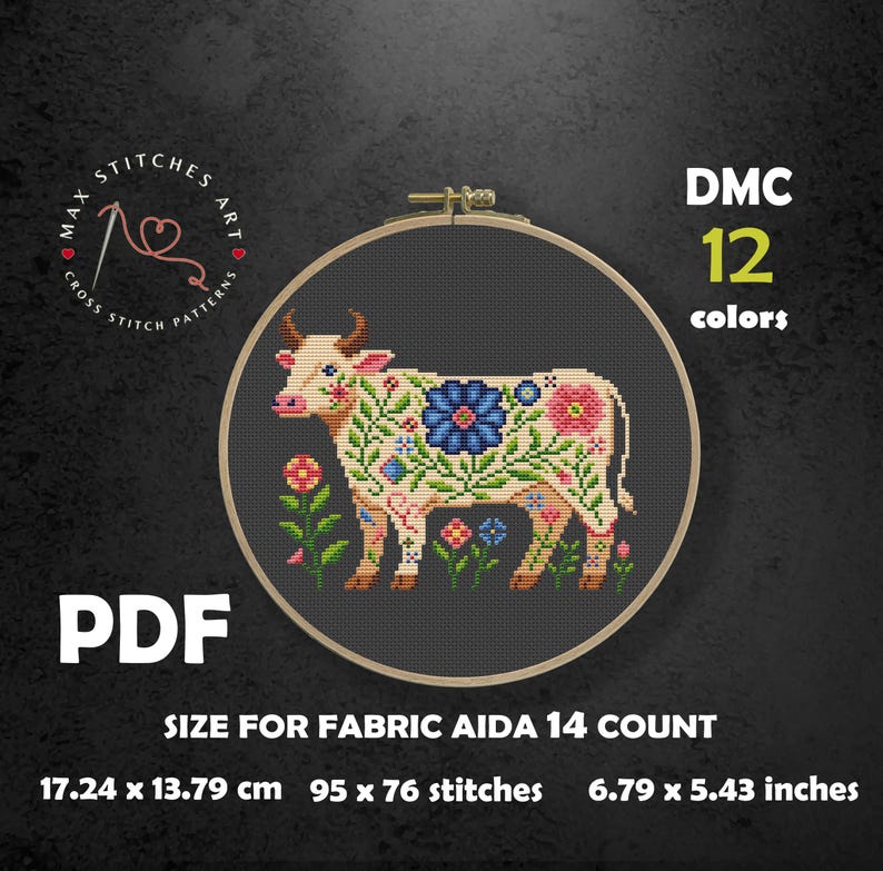 Floral Cow Cross Stitch Pattern: Folk Art Needlepoint (PDF Pattern) - Etsy
