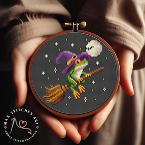 Cute witch frog cross stitch pattern, Fairy frog embroidery, Witch moon pattern, Halloween Cross Stitch, Toad Cross Stitch, Frog wall decor