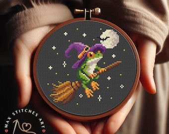 Witch Frog Cross Stitch Pattern, Halloween Toad Embroidery (PDF Pattern)