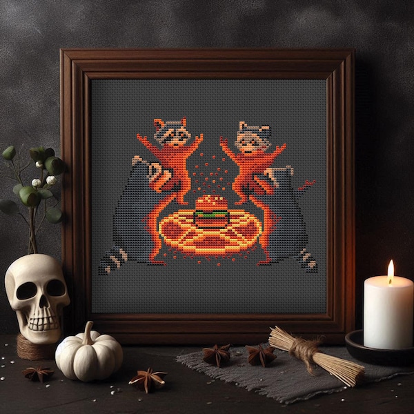 Ritual Raccoons Around Fire Star Cross Stitch Pattern PDF, Mystical Forest Embroidery Design, Funny Night Animal Scene, Funny Food Art
