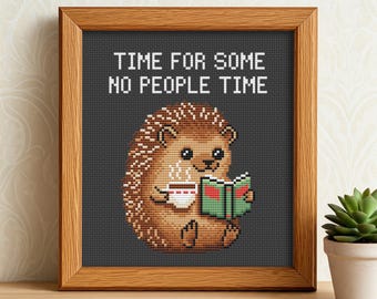 Hedgehog Cross Stitch Pattern PDF, Funny Time For Some No People Time, Easy Embroidery Design, Coffee, Book Lover Gift Idea Instant Download